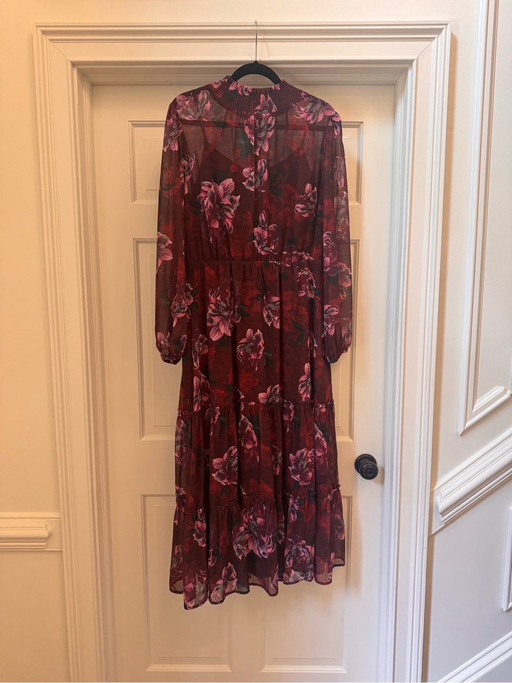 Lost + Wander Burgundy Floral Tiered Dress with Pink Blossoms